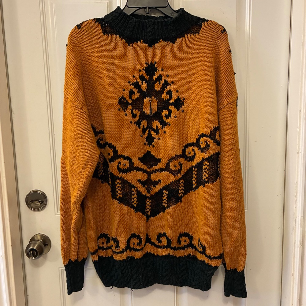Studio Michelle Stuart Hand Knit Sweater Medium Vintage Mustard Black Abstract - Picture 3 of 17